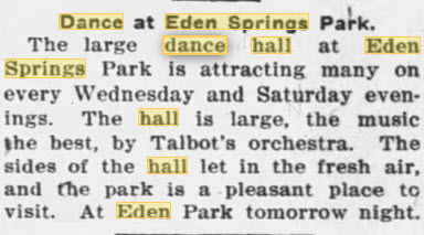 Eden Springs Dance Hall - June 1911 Article (newer photo)